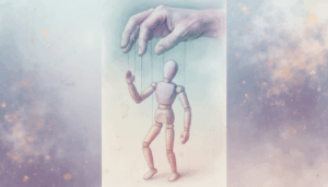 Concept of control. Marionette in human hand.