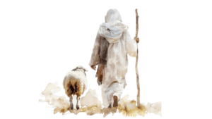 Jesus as a Shepherd with a staff walking with a lamb by His side