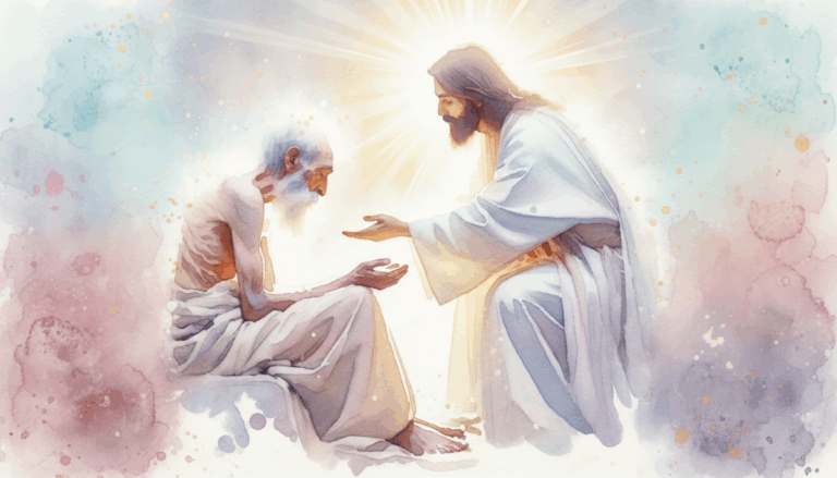Jesus kneeling down to heal an elderly man