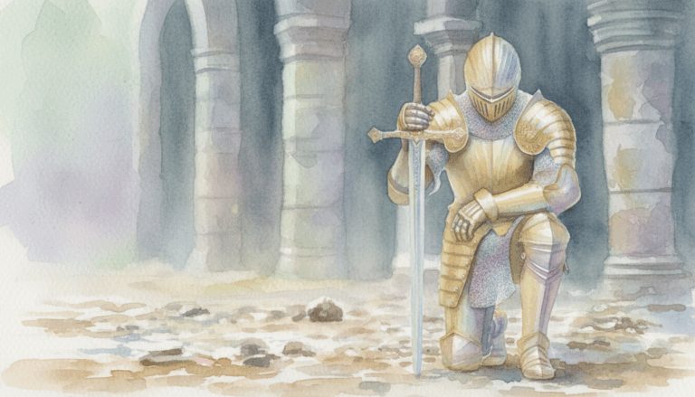 warrior in armor with sword kneeling down on one knee to pray