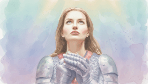 woman warrior dressed in armor praying with hands clasped together infront of chest