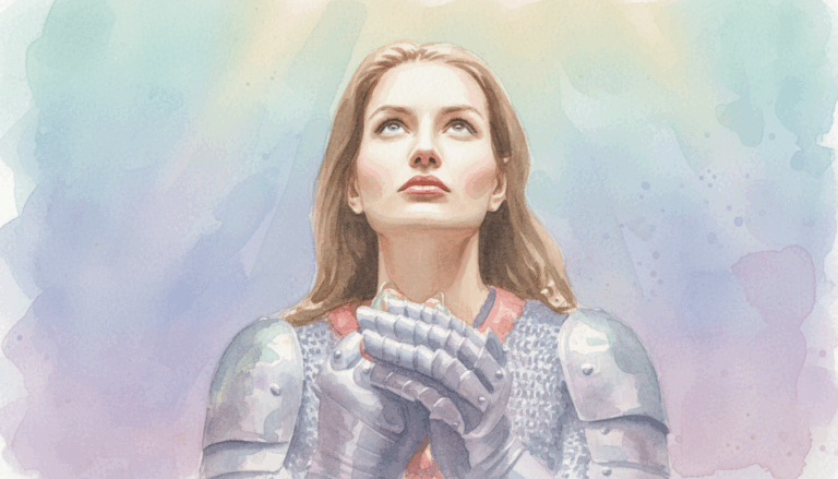 woman warrior dressed in armor praying with hands clasped together infront of chest