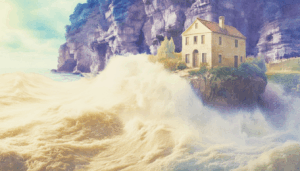 House on cliff with waves crashing all around