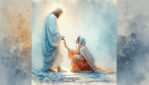 Jesus reaching down to a woman kneeling at his feet