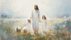 Jesus walking through a field holding hands with two children with acouple sheeps walking along side them