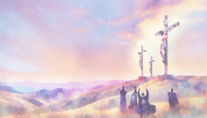 Three crosses on hill with people gathered around