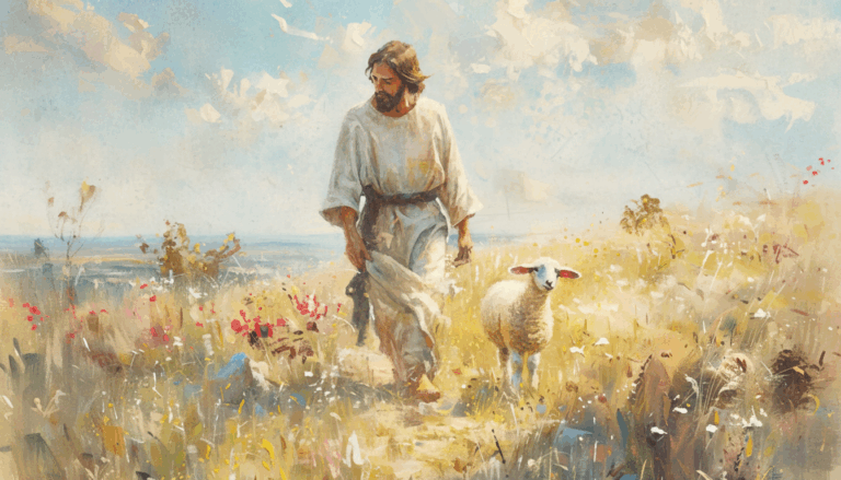 Jesus walking a lamb through a field
