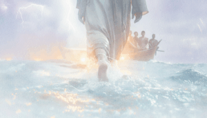 Jesus walking on stormy sea toward boat